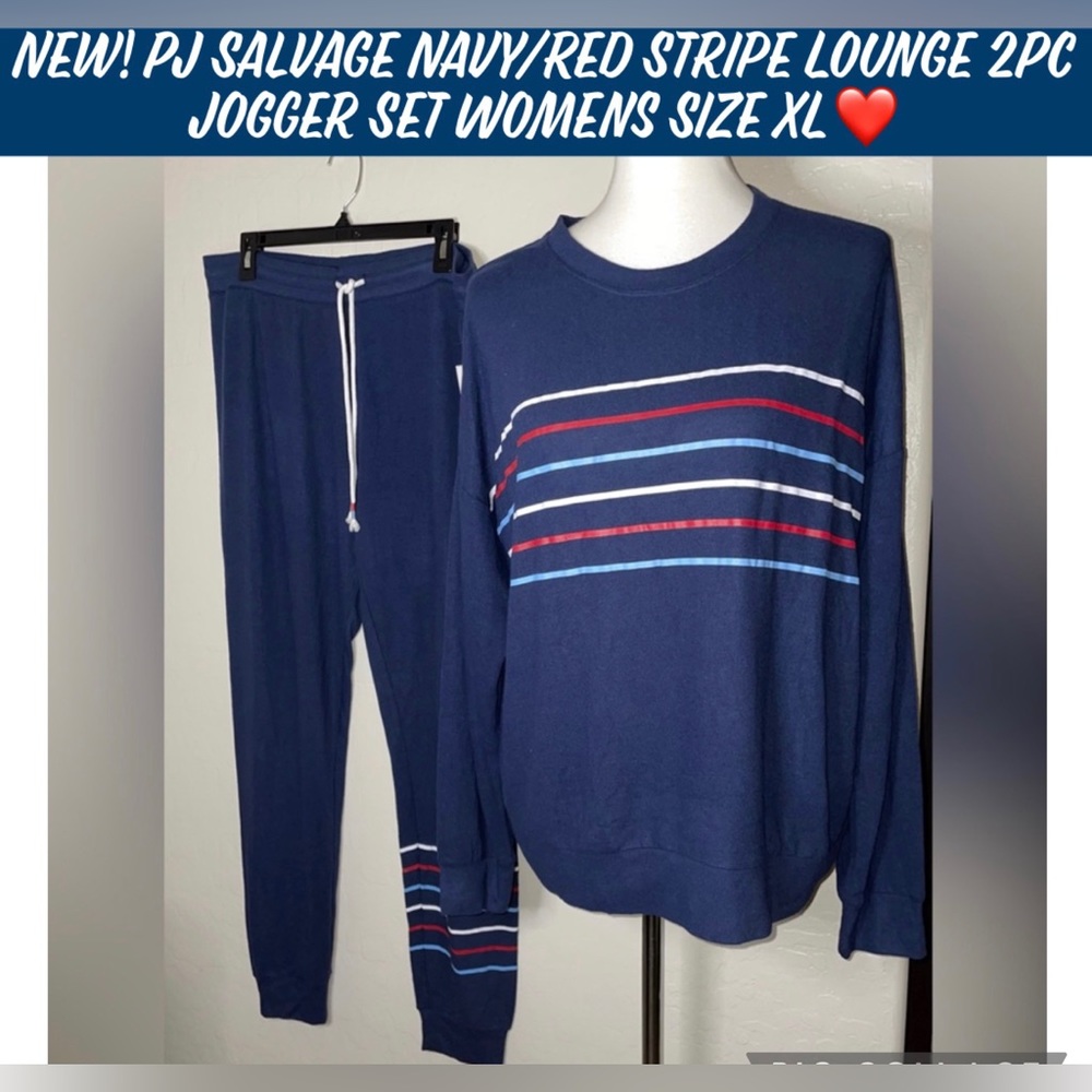 New! PJ Salvage Navy/Red Stripe Lounge 2Pc Jogger Set Womens Size XL❤️